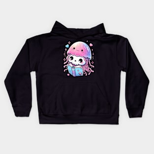 Kawaii Skeleton In a Jellyfish Costume Reading Book Kids Hoodie